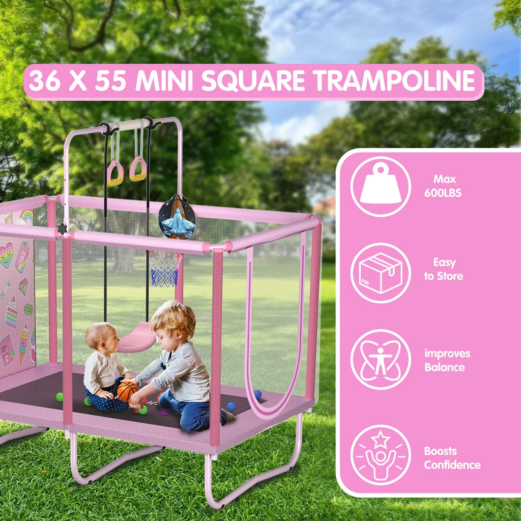 Indoor Kids Trampoline with Safety Enclosure - 6-Leg Steel Frame, UV-Resistant Mat & Rings for Toddlers