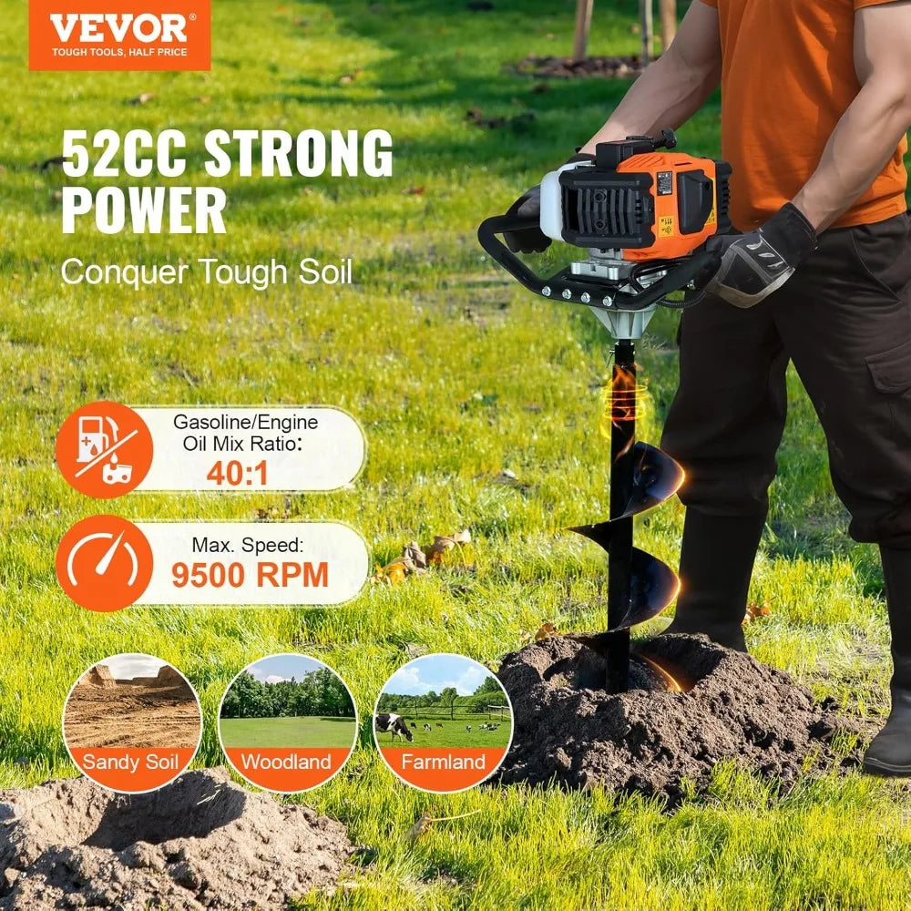 52cc Gas Powered Post Hole Digger 1450W Earth Auger 8" Drill Bit Extension Rod Farm Garden Tool EPA
