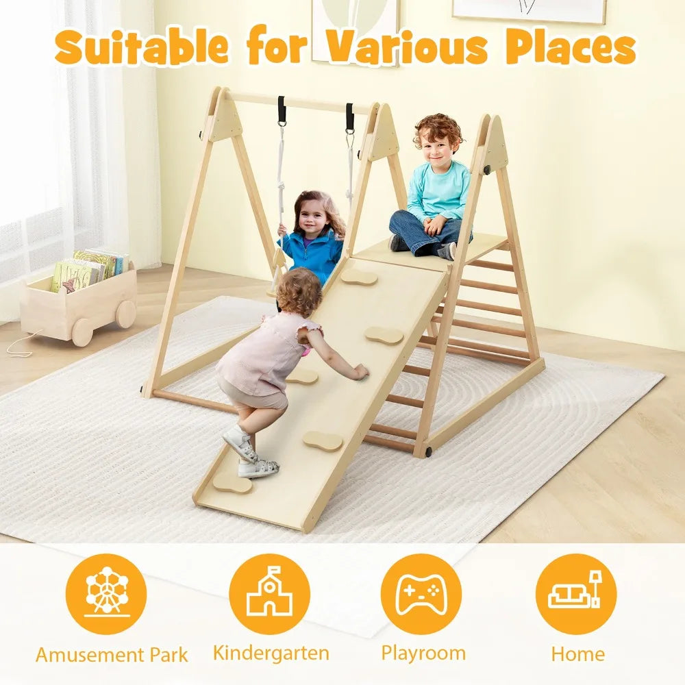 Indoor Playground w/ Slide Climbing Rock Adjustable Swing Wooden