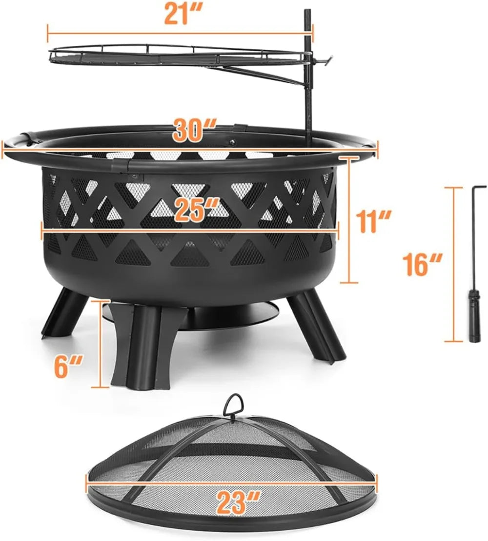 30 Inch Fire Pit with Swivel, BBQ Grill, Wood Burning Steel Firepit, for Patio Garden Camping