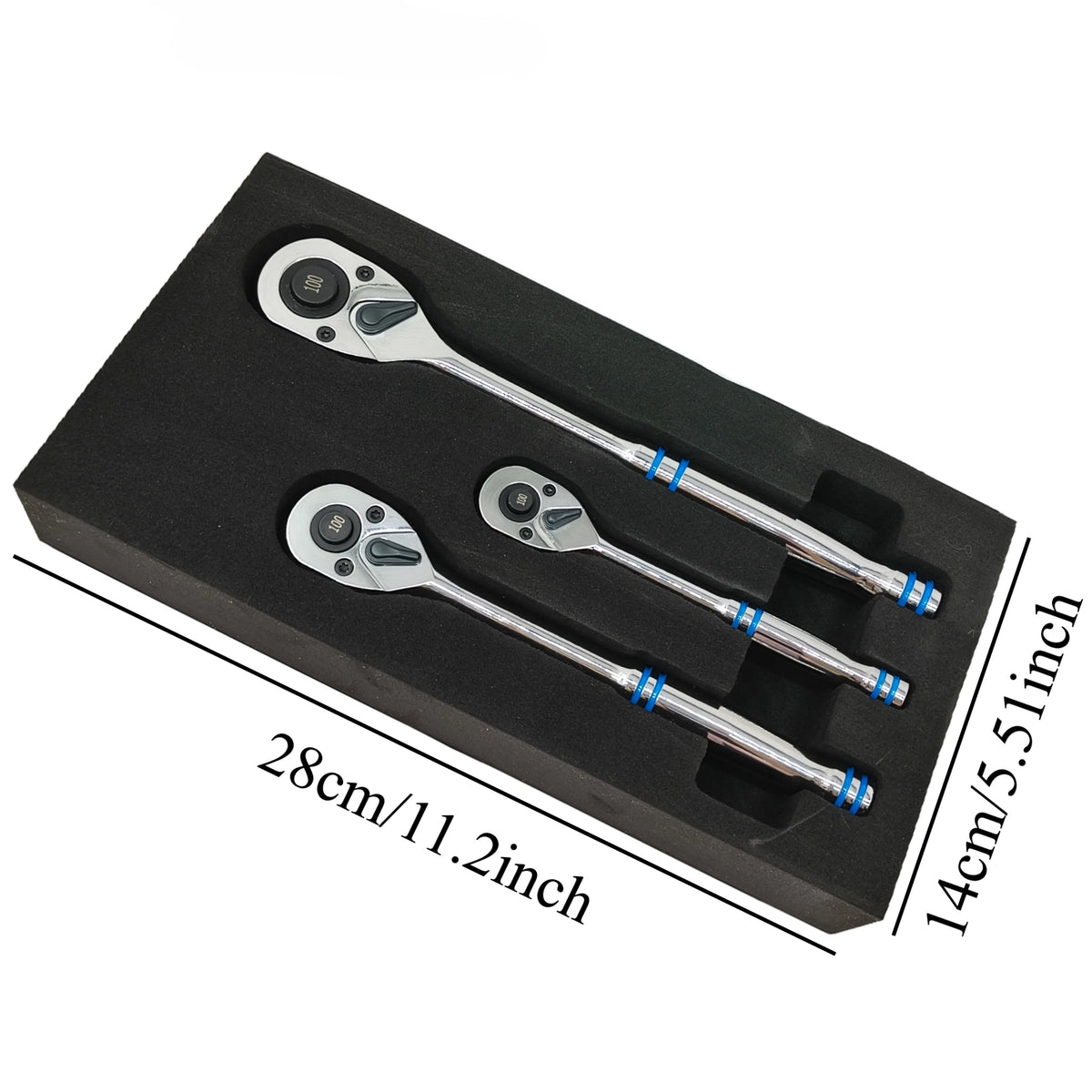GOSWIFT 3 Pieces 1/2" 3/8" 1/4" 100-Tooth Quick-Release Ratchet-Wrench Set And 3 Pieces 12" Locking Pliers Set - Straight/45°/90° Angled Jaws for Hard-to-Reach Gripping & Clamping