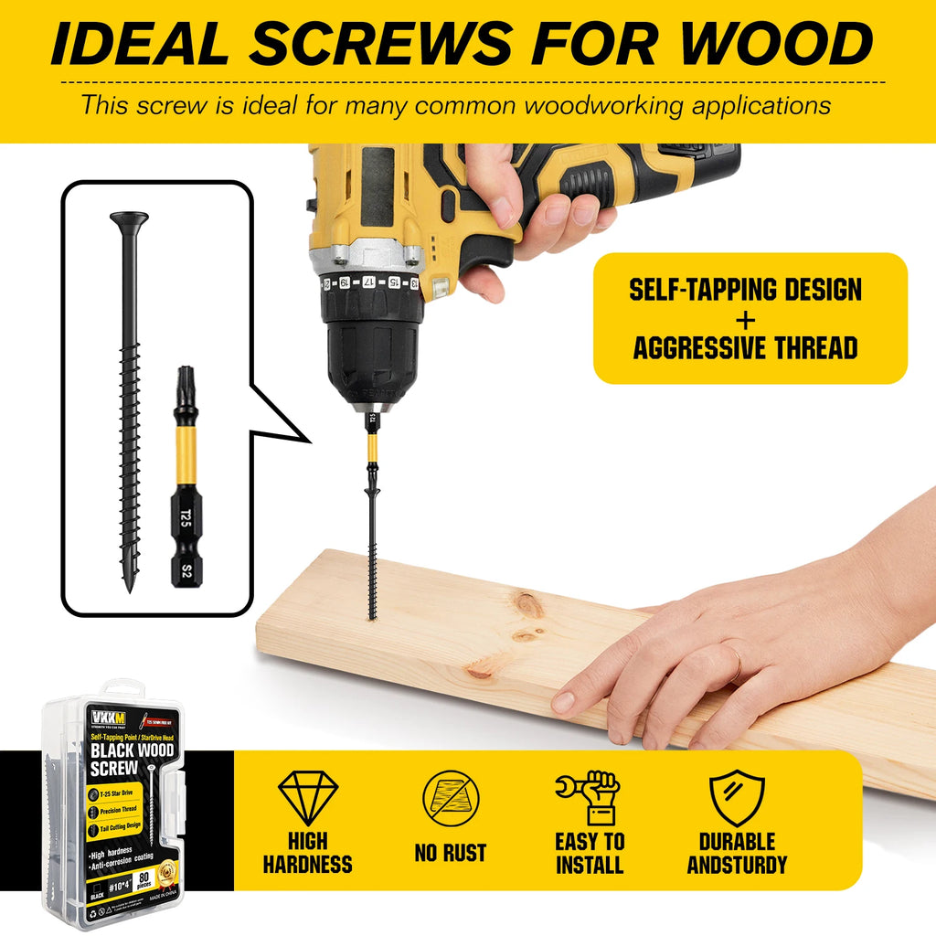 VKKM 250Pcs Black Wood Screws #8x1.5", T25 Star Drive Self Tapping with 50mm Free Bit, Heavy Duty Anti-Rust for Deck Furniture Woodworking DIY
