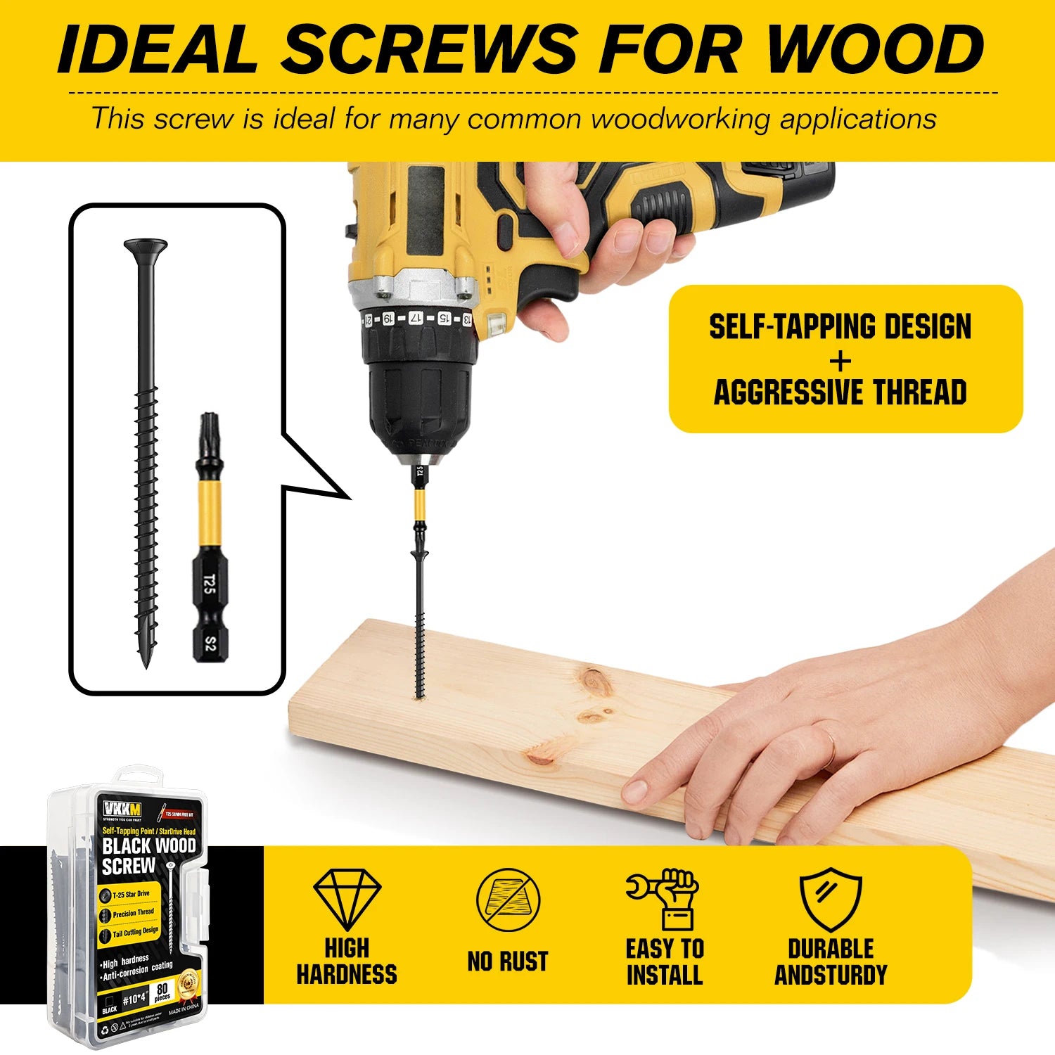VKKM 250Pcs Black Wood Screws #8x1.5", T25 Star Drive Self Tapping with 50mm Free Bit, Heavy Duty Anti-Rust for Deck Furniture Woodworking DIY