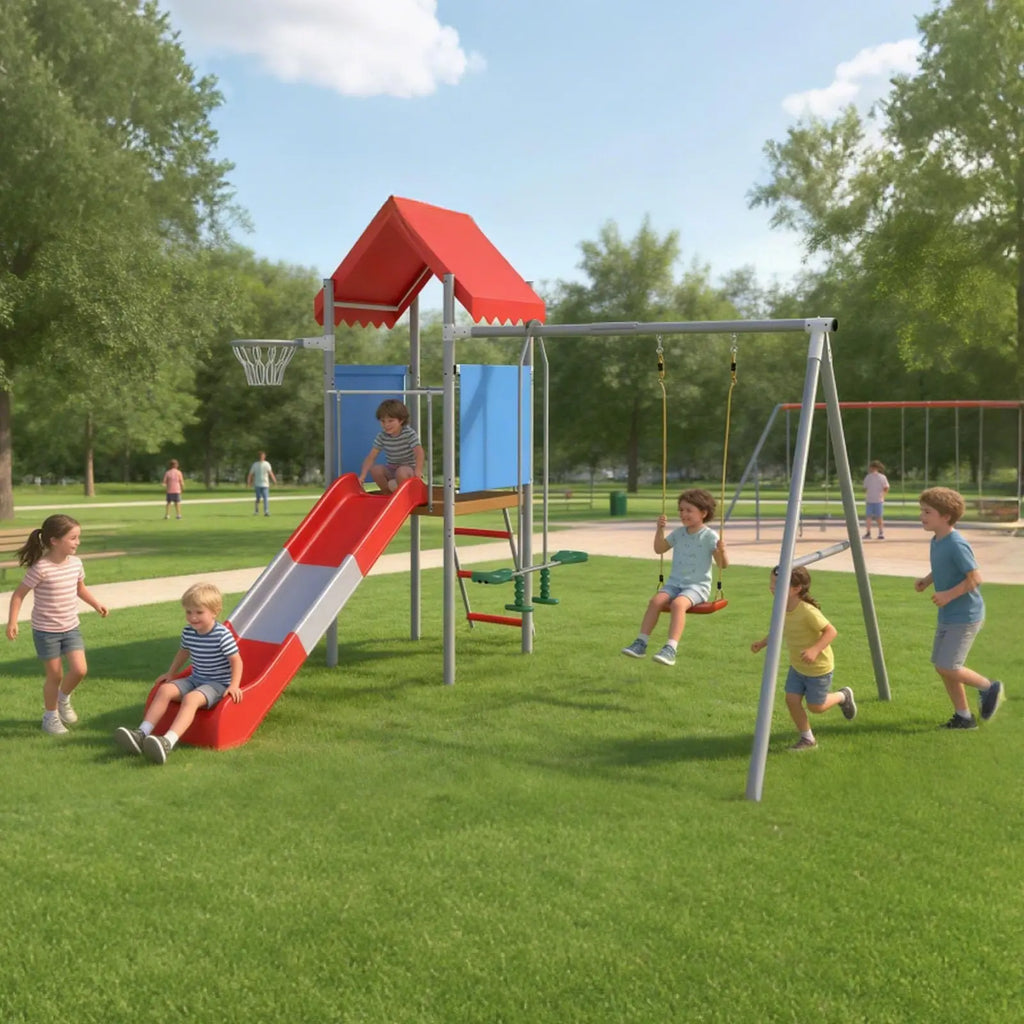 Kids Outdoor Playset Heavy Duty Metal Swing Set With Slide Basketball Hoop Treehouse Backyard Playground Equipment For Children