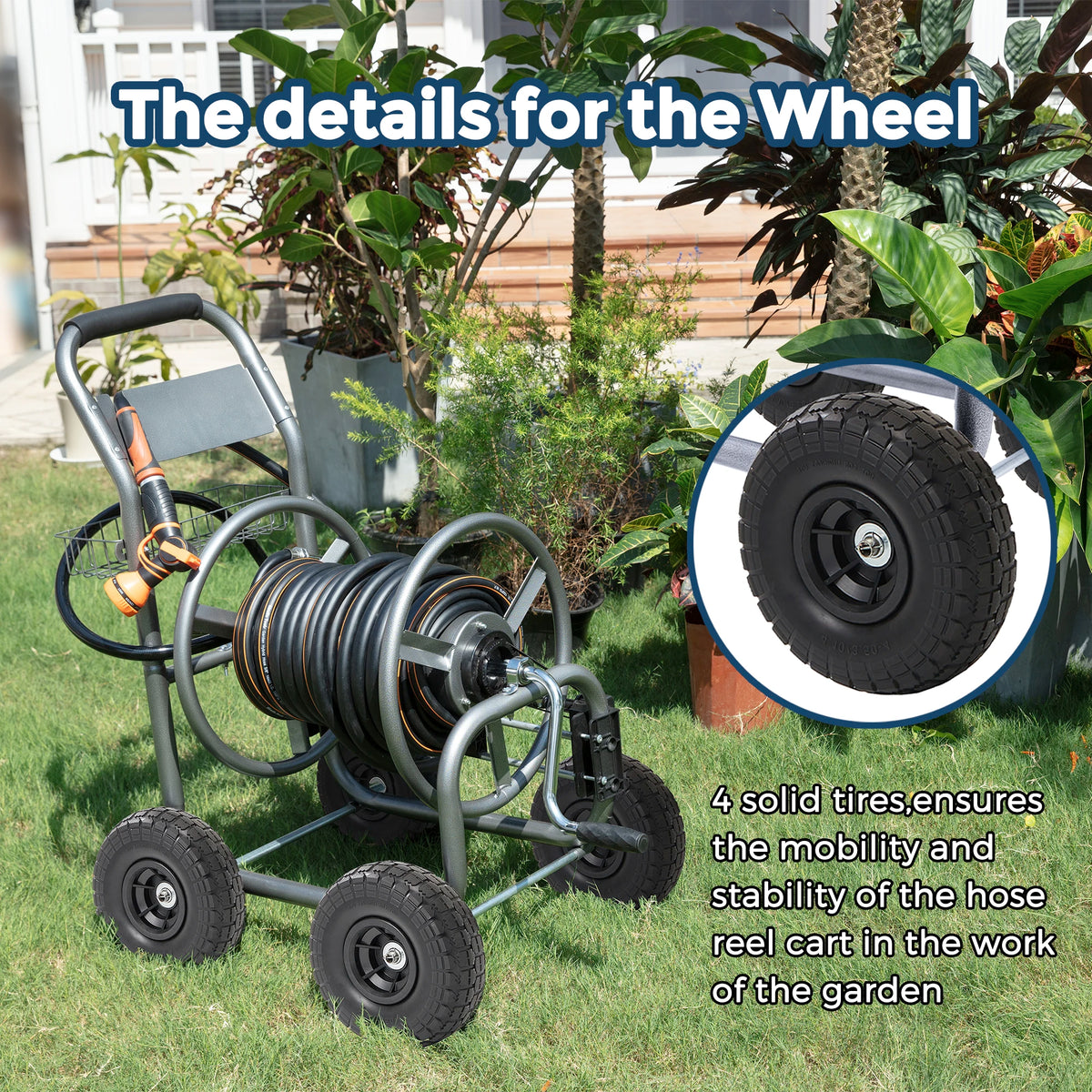 Giraffe Tools Hose Reel Cart, Hose Cart with Wheels, Industrial Hose Reels for Outside, 250-Feet of 5/8" Hose Capacity