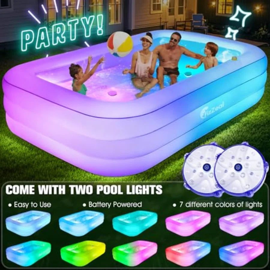 FizZeal Backyard outdoor inflatable pool for adults and kids white PVC material 110 x 63 x 20 with built-in lights and reinforced seat