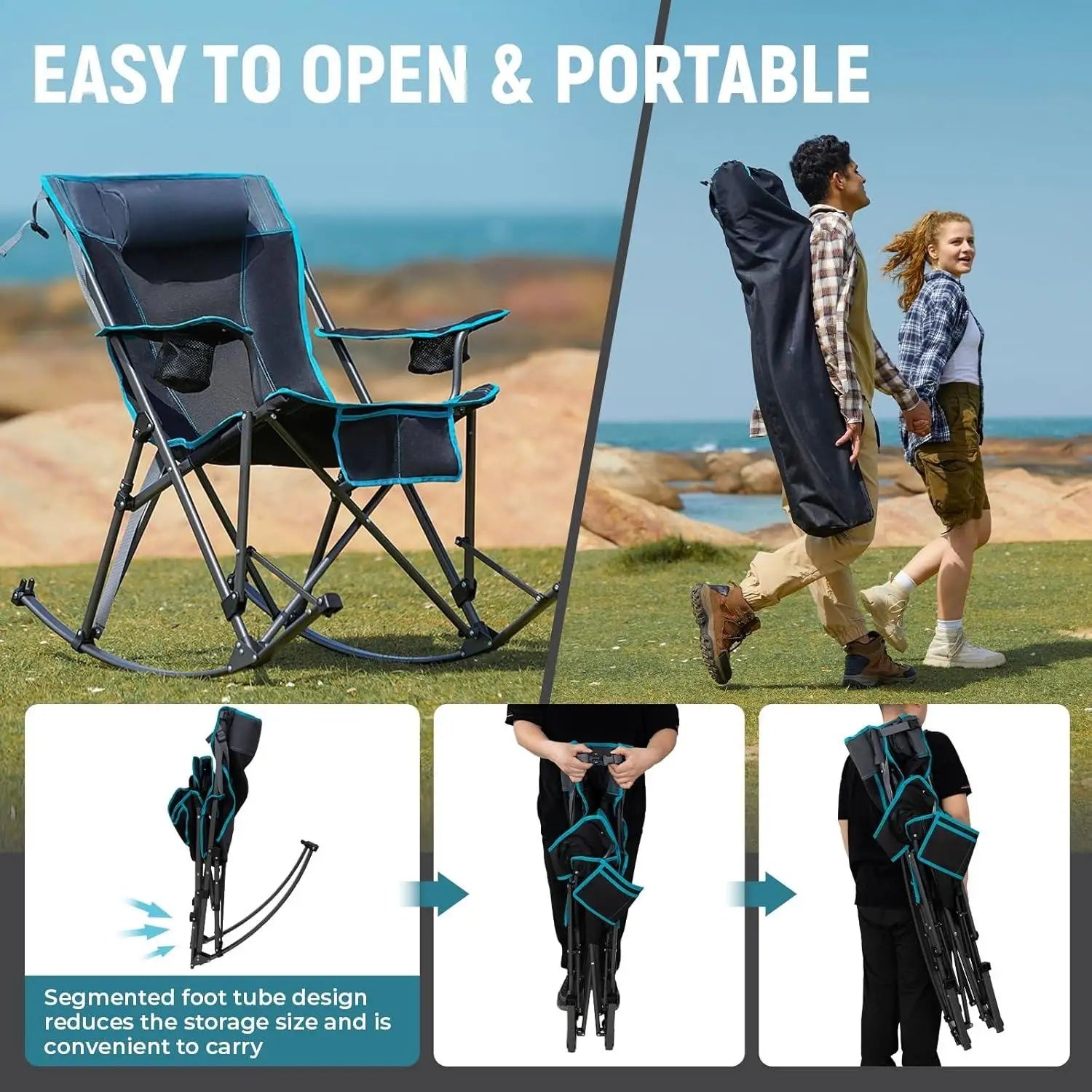 W_Rocking Camping Chair, 2 Pack High Mesh Back Portable Folding Camp Chairs with Pillows, Cup Holder and Carry Bag for Lawn