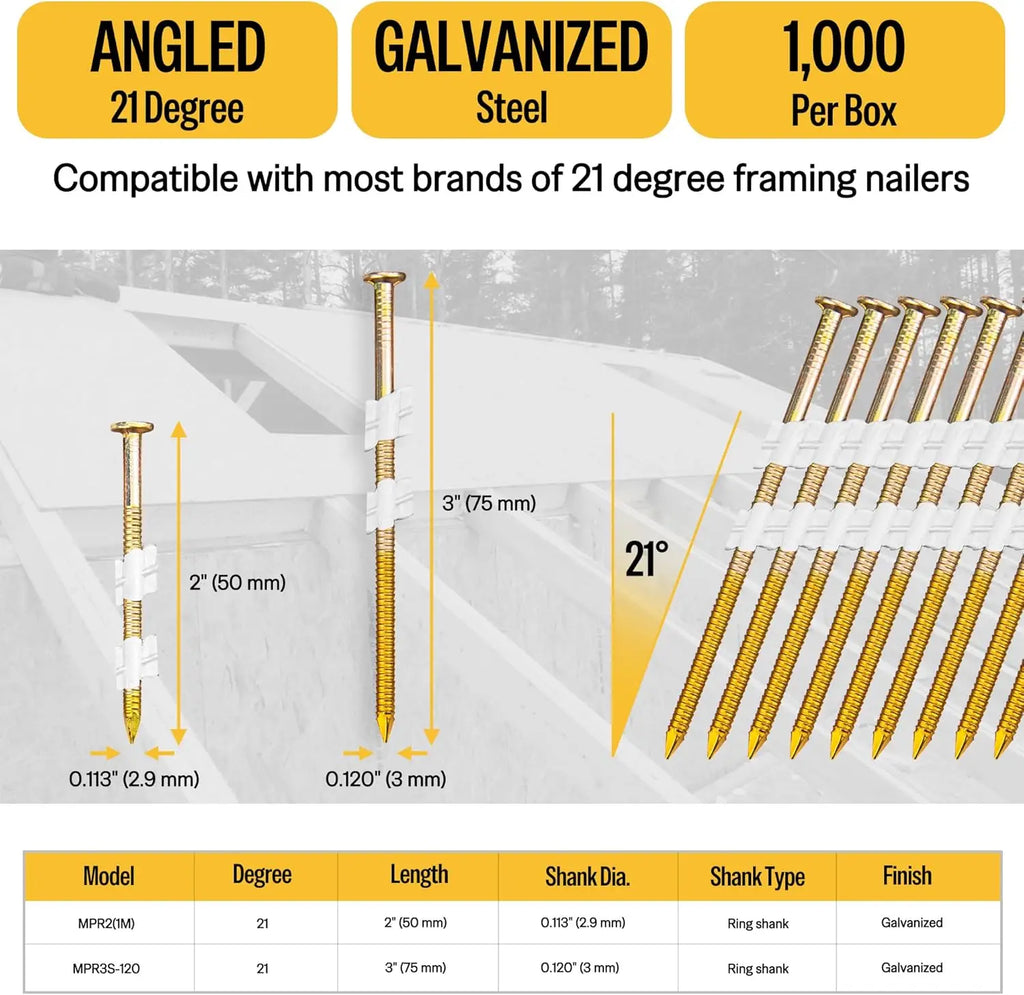 3-Inch Galvanized Framing Nails, Ring Shank, Plastic Collated, 21-Degree Angle for Structural Use, 1,000 Pieces