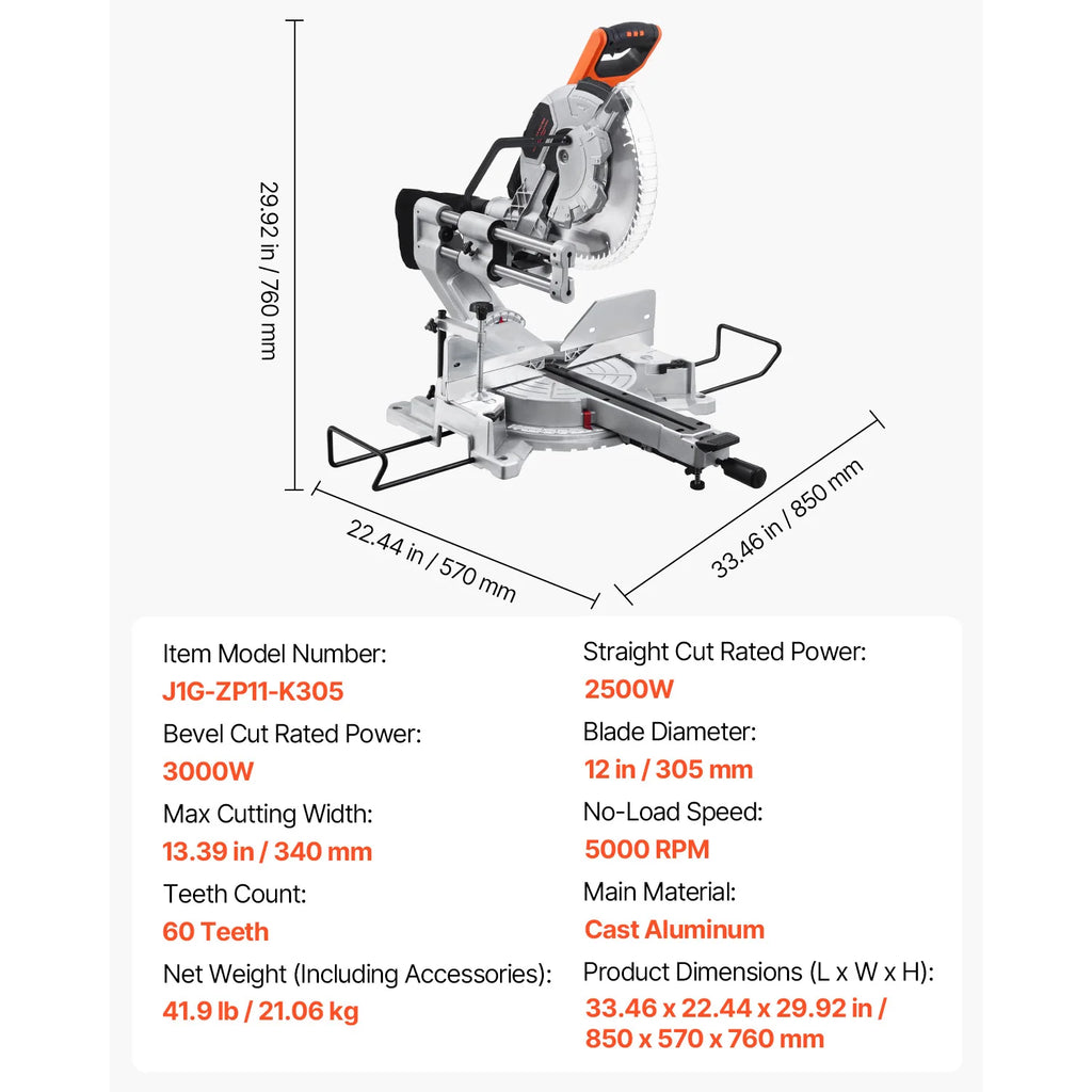 SucceBuy Sliding Compound Miter Saw 12-Inch Blade 15Amp Motor 60-Tooth Corded Double Bevel Sliding Miter Saw LED Alignment