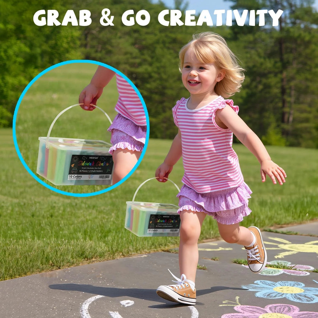 46-Piece Washable Sidewalk Chalk Set, Sidewalk Chalk with Holders, Jumbo Chalk Sticks for Kids Outdoor Fun and Creativity
