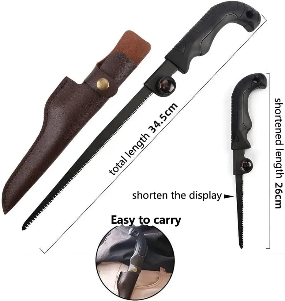 Portable Retractable Garden Pruning Saw, SK85 Steel 3-Sided Sharp Teeth Hand Saw with Leather Cover, Anti-Rust Wood Saw for Tree Trimming, Camping & Outdoor Cutting
