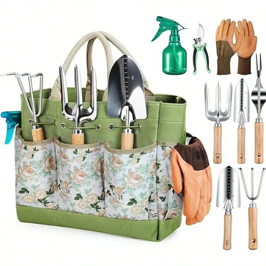 Gardening Tools 9-Piece Heavy Duty Gardening Hand Tools With Fashion And Durable Garden Tools Organizer Handbag, Ideal Gardening Gifts For Women,Rust-Proof Garden Tool Set