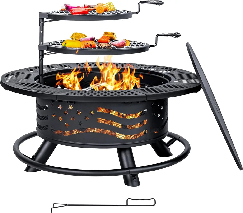 36 Inch Fire Pit with 2 Cooking Grates, Outdoor Wood Burning BBQ Grill Firepit Bowl with Cover Lid, Steel Round Table for Backya