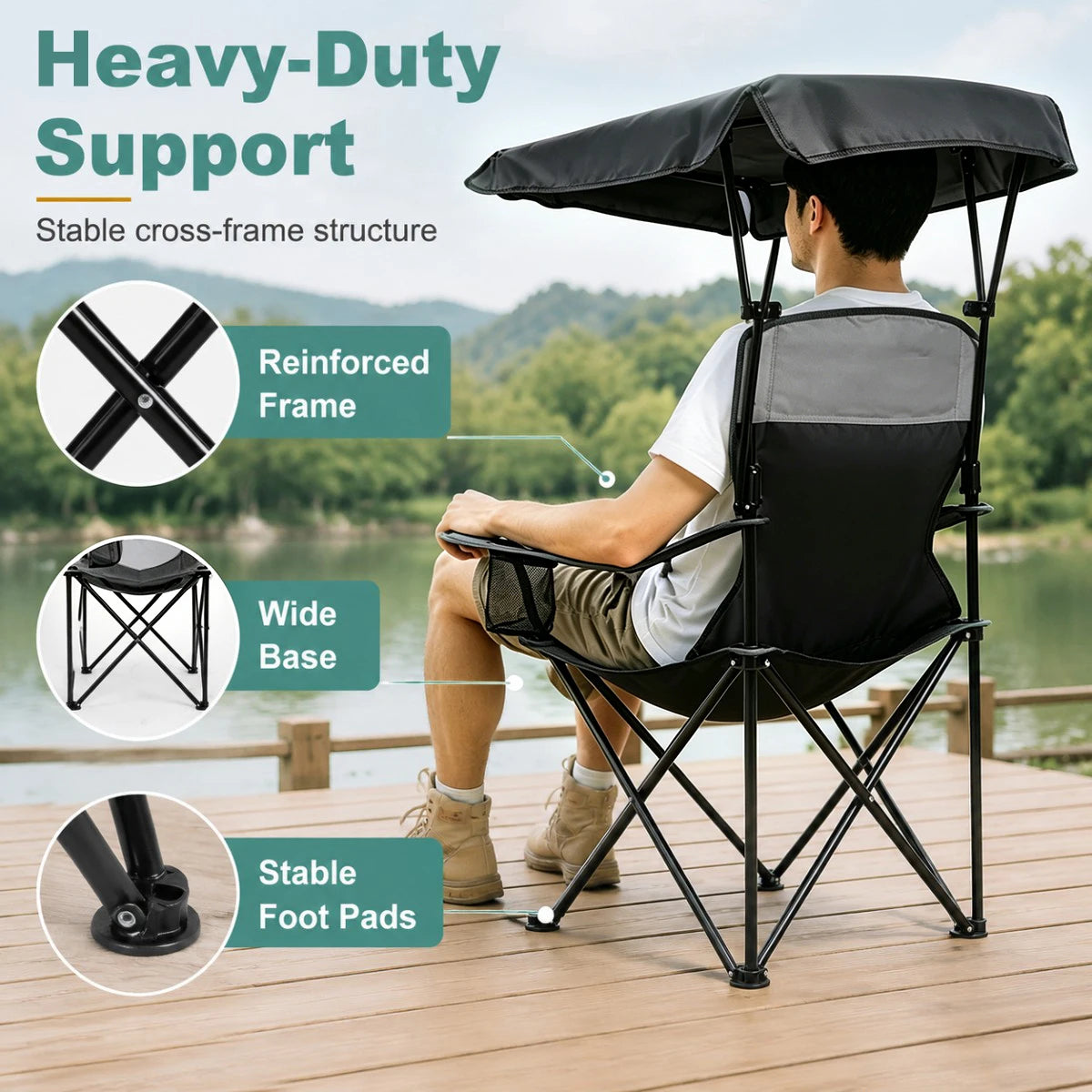 Black Portable Beach Chair with Cup Holder & Side Pocket, Duty Lawn Chair with Carry Bag for Camping, Beach, Fishing, Patio, Hiking, YOUNG WOOD Outdoor Folding Camping Chair with Adjustable Canopy