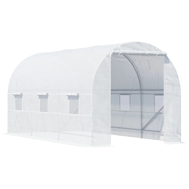 Outsunny 15' x 7' Walk-In Tunnel Greenhouse Kit with 6 Roll-Up Windows, Roll-Up Door, Steel Frame, White