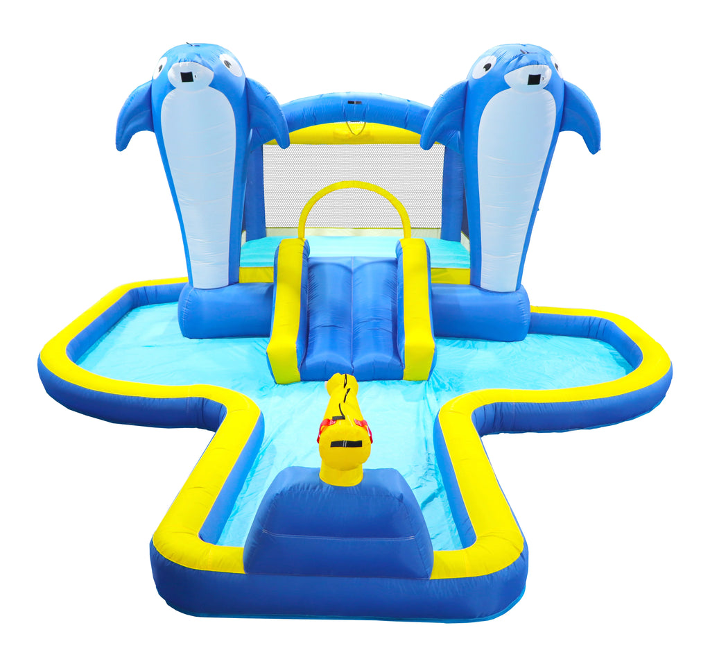8 in1 Inflatable Slide Water Park Trampoline Bouncing House Outdoor Garden With Dolphin Sprinkler Target Games Water Gun Basketball