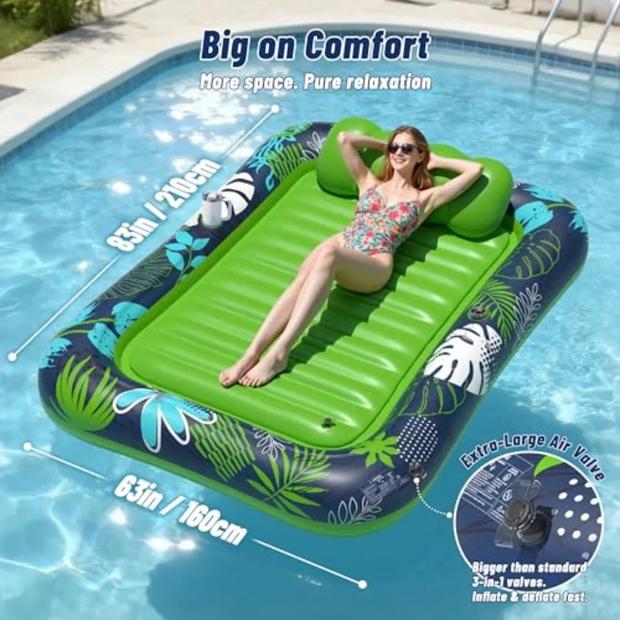 Josen Inflatable tanning pool lounger float for outdoor water use heavy-duty PVC material blue color XXL 83 x 63 size with sprinkler