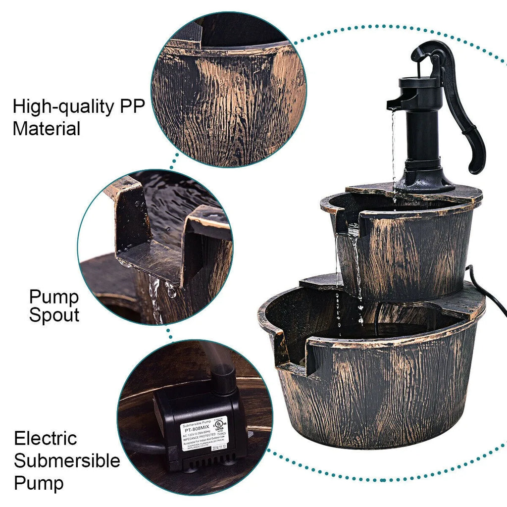 2 Tier Barrel Waterfall Fountain, Barrel Water Fountain Pump, Outdoor Garden Decor