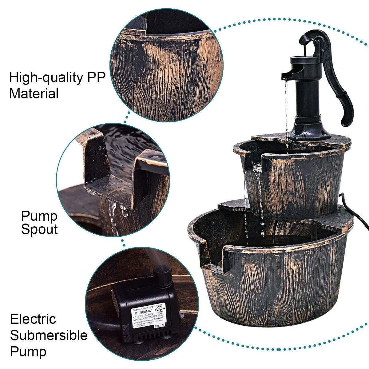 2 Tier Barrel Waterfall Fountain, Barrel Water Fountain Pump, Outdoor Garden Decor