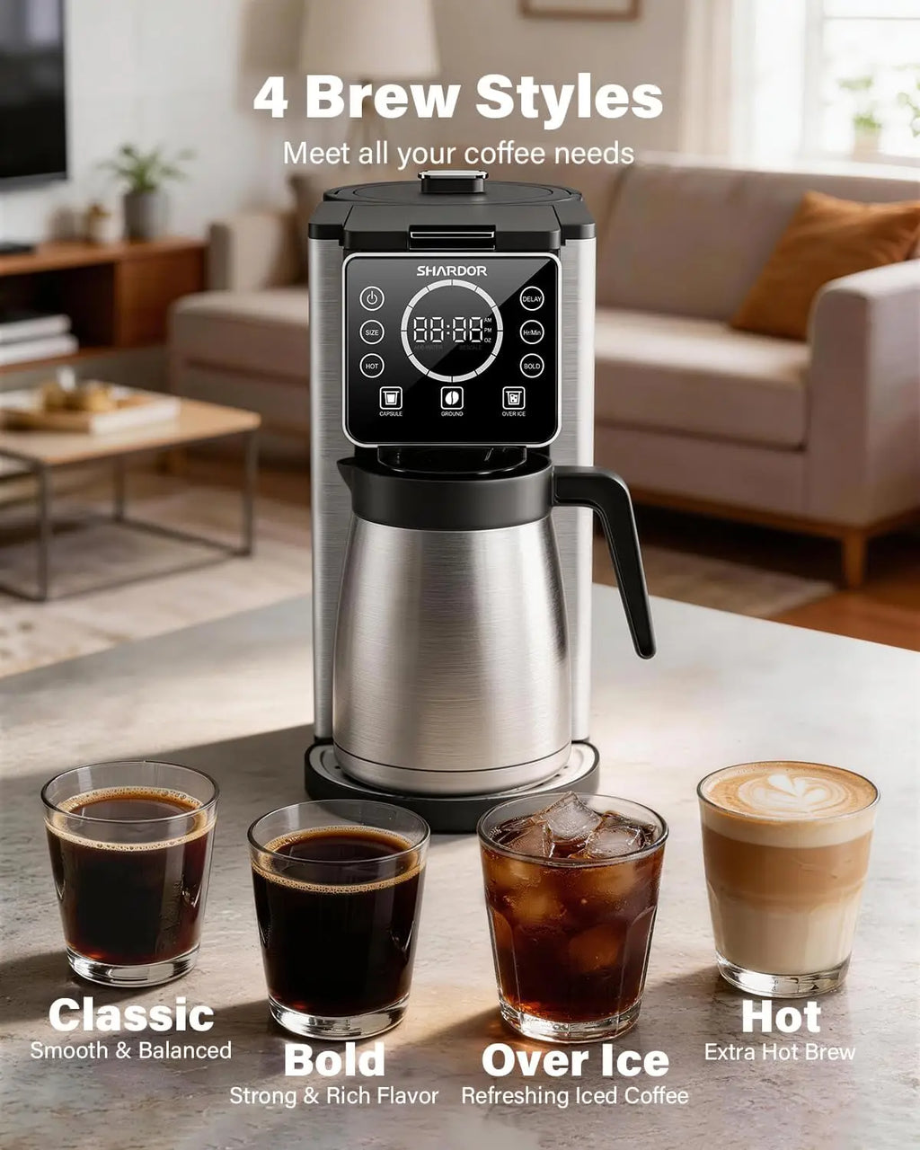 Programmable 5 Cup Drip Coffee Maker, Single Serve Hot & Iced Coffee Machine for K Cup & Grounds, 95oz Reservoir, 6-24oz Brew Size, Strong Brew, Stainless Steel Carafe