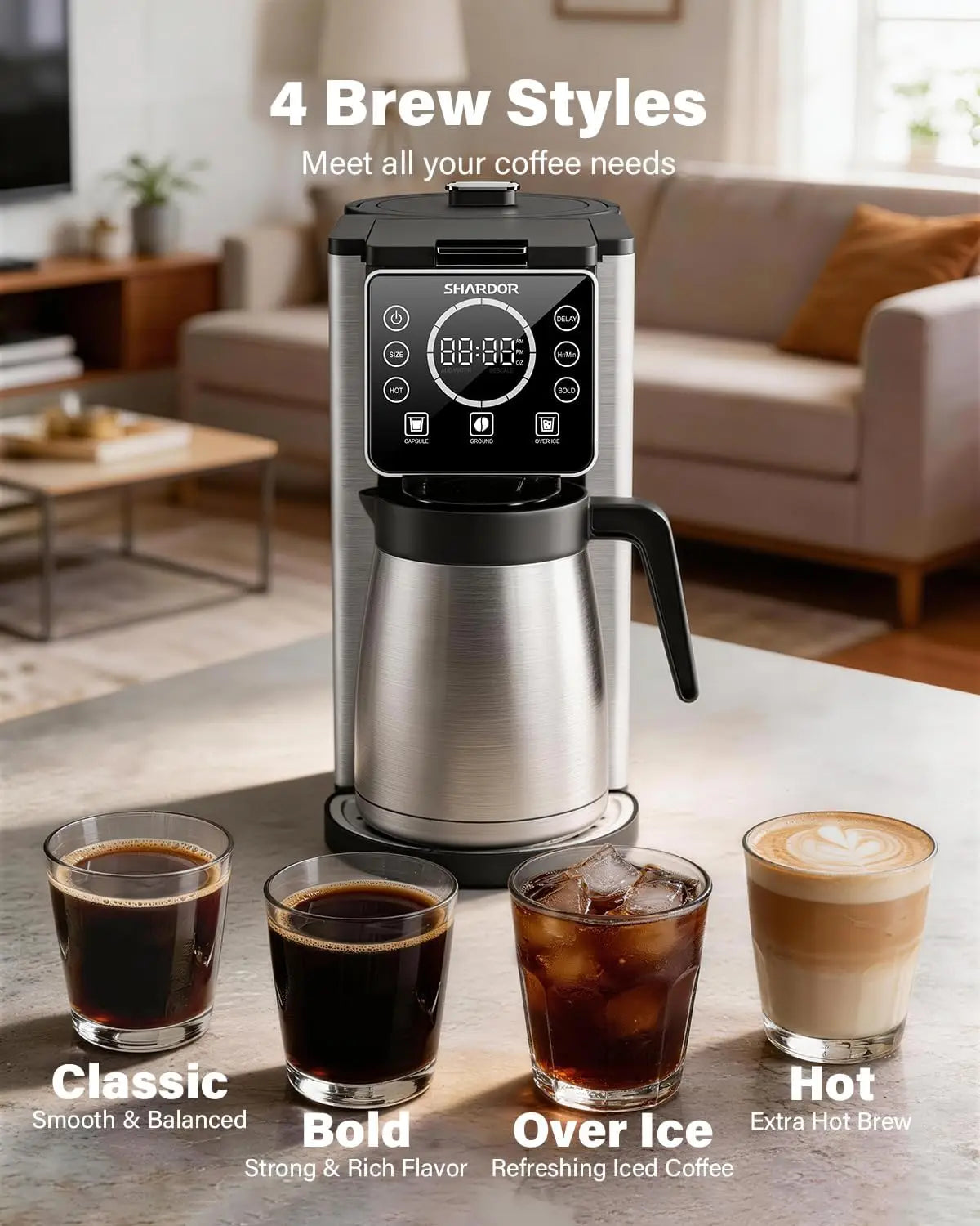 Programmable 5 Cup Drip Coffee Maker, Single Serve Hot & Iced Coffee Machine for K Cup & Grounds, 95oz Reservoir, 6-24oz Brew Size, Strong Brew, Stainless Steel Carafe