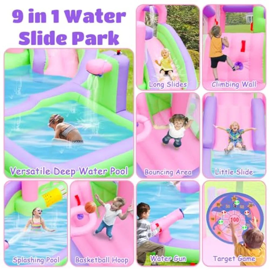 YAO HUI HUANG Backyard summer inflatable water slide bounce house with blower for 5 kids PVC material Pink, Purple, Green, Yellow splash pools & water cannon