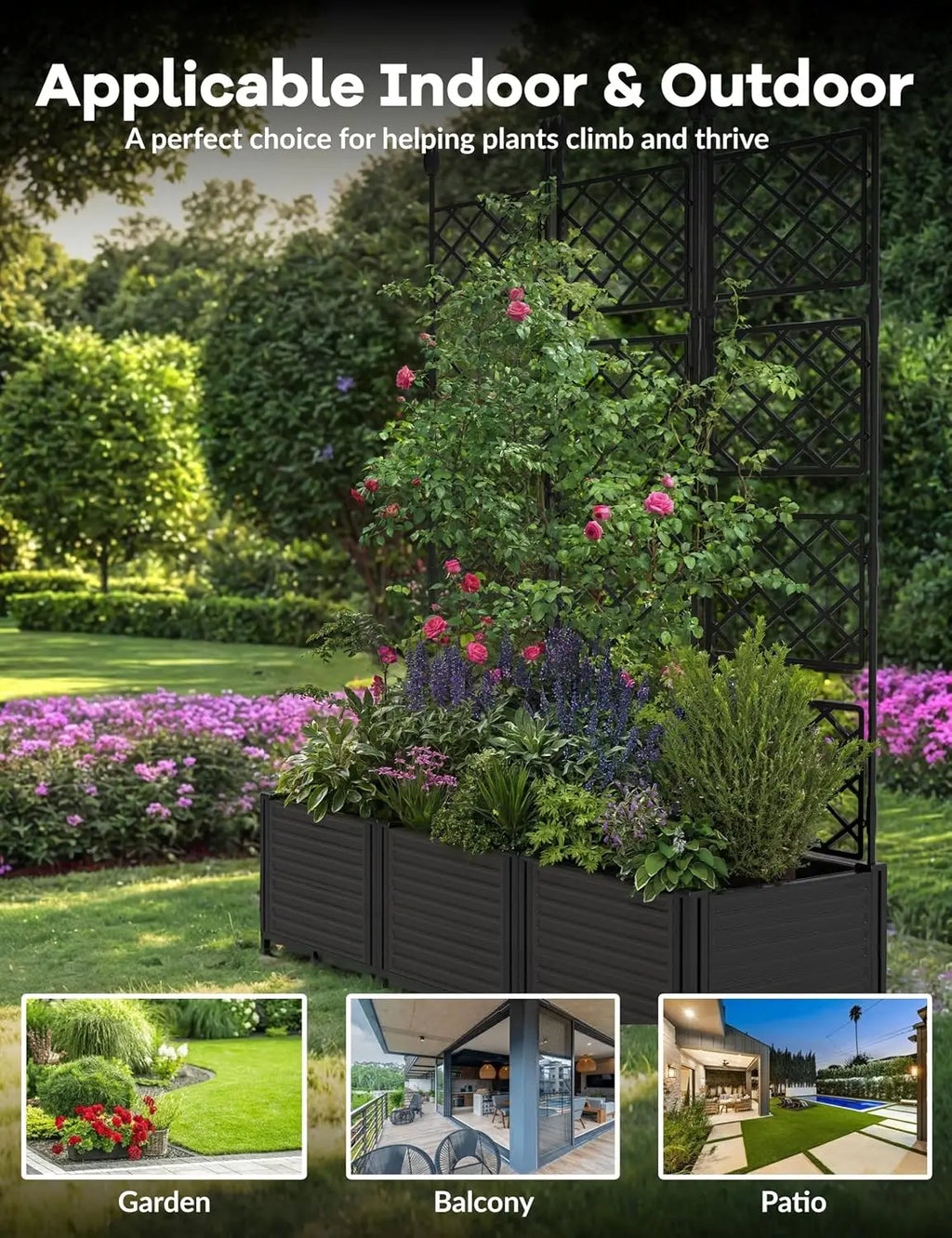 Modular Raised Garden Bed Planter Box Kit with Metal Trellis Stackablefor Climbing Plants Veggies and Flowers,Decorative Fence Privacy Panels