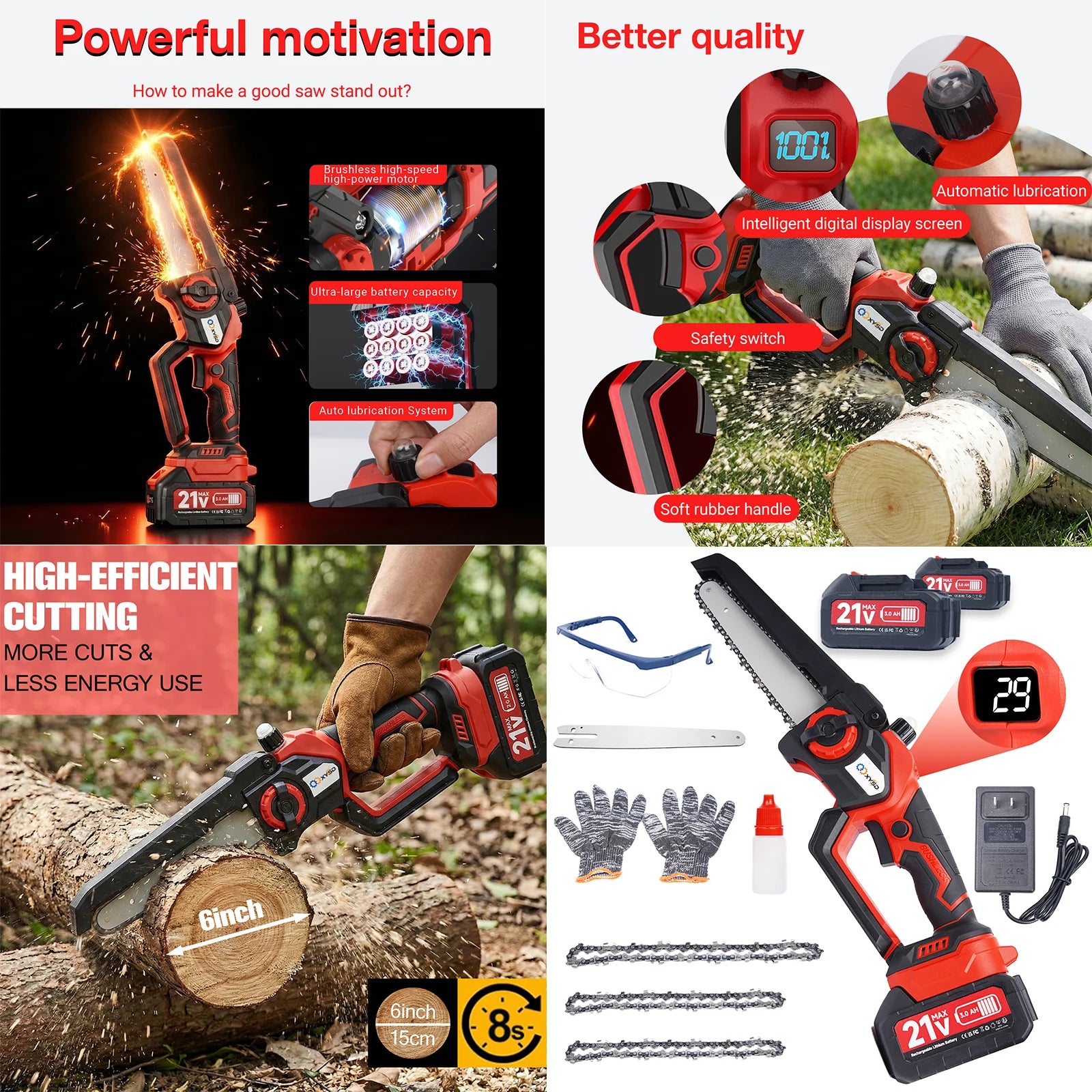 6" and 8" Mini Chainsaw Cordless, Portable Handheld Electric Chainsaw, 2 Batteries