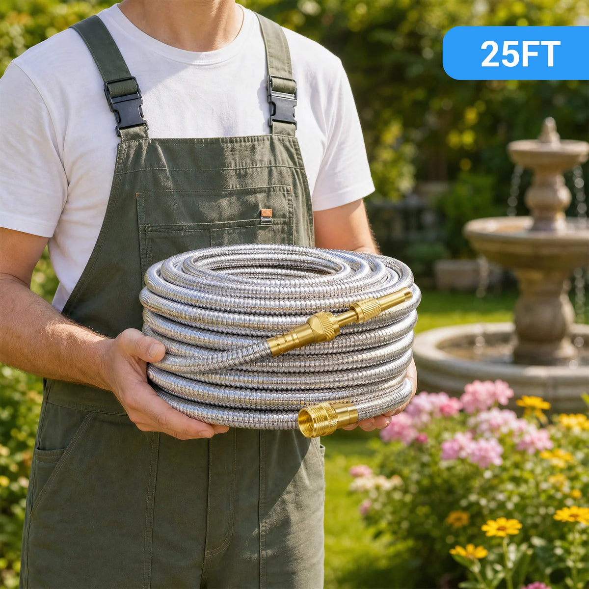 HiMiss Heavy Duty Stainless Steel Garden Hose – Flexible Metal Water Hose – Kink Proof & Anti-Kink – Adjustable Brass Nozzle, Perfect for Lawn, Car Wash, Outdoor Irrigation, 25FT,50FT,100FT