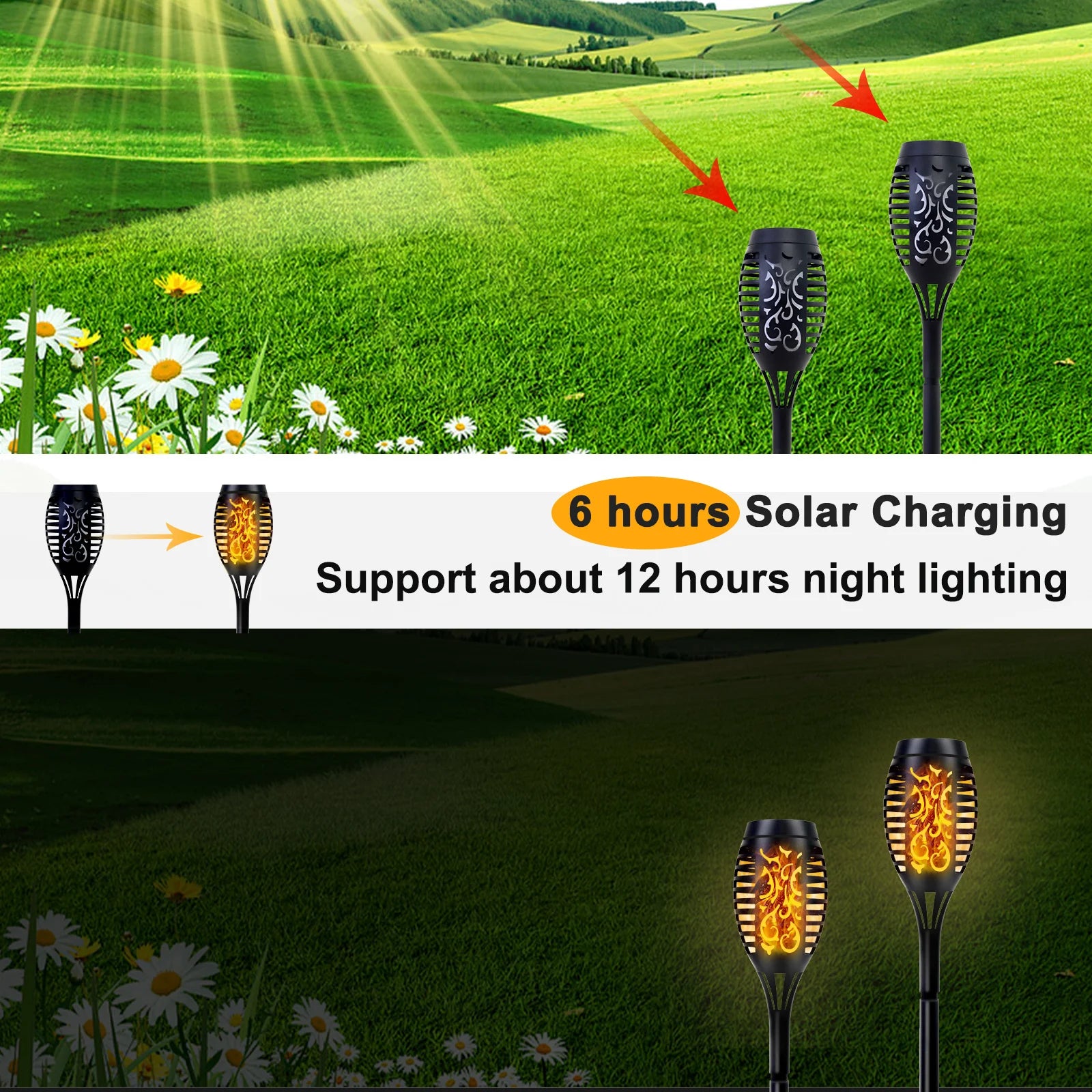 4/6/8/12Pcs Flame Torch Lights, Flickering LED, Outdoor, Solar Powered, Waterproof, 5 Colors