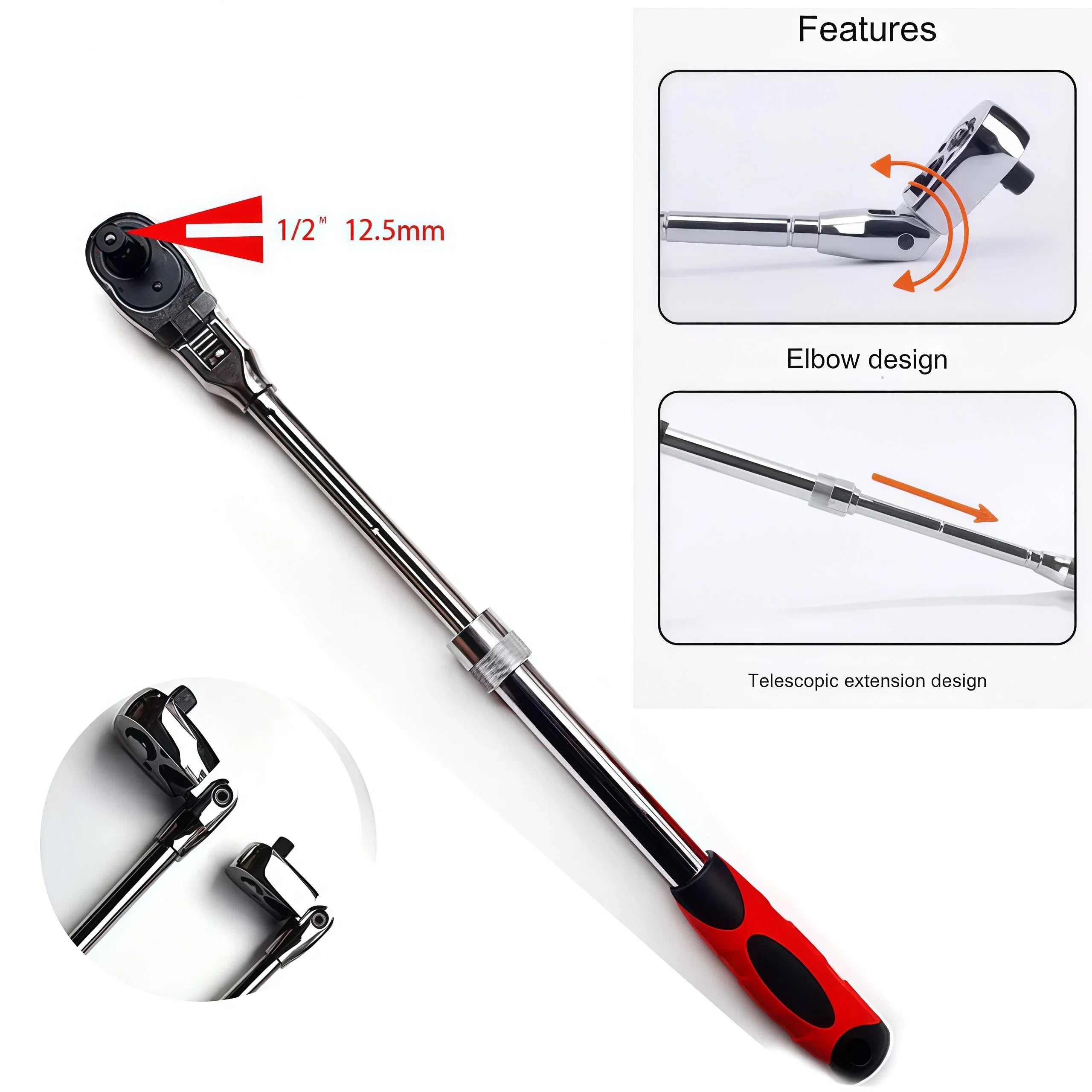 Durable Chrome Vanadium Steel Ratchet Wrench Set, 72 Teeth, Telescopic Handle, Quick Release, 1/2, 3/8, 1/4 Inch for Automotive