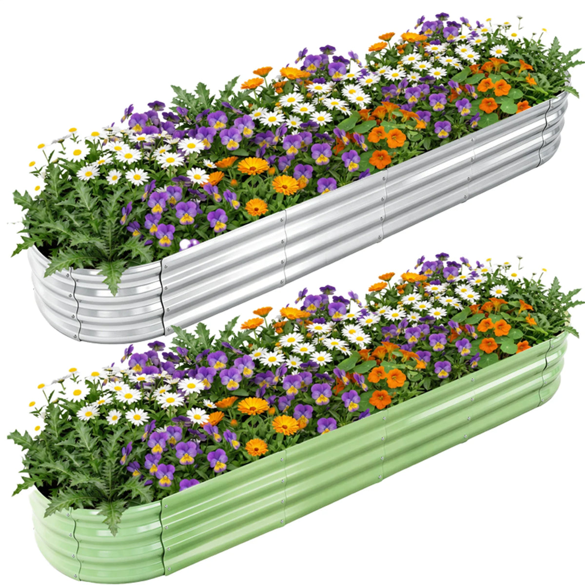 Galvanized Raised Garden Bed Outdoor, Large Raised Bed for Gardening, 8x2x1FT Metal Planter Box for Vegetables, Fruits, Flowers, Easy Assembly with Wing Nuts & Safe Rolled Design Silver/Light Green