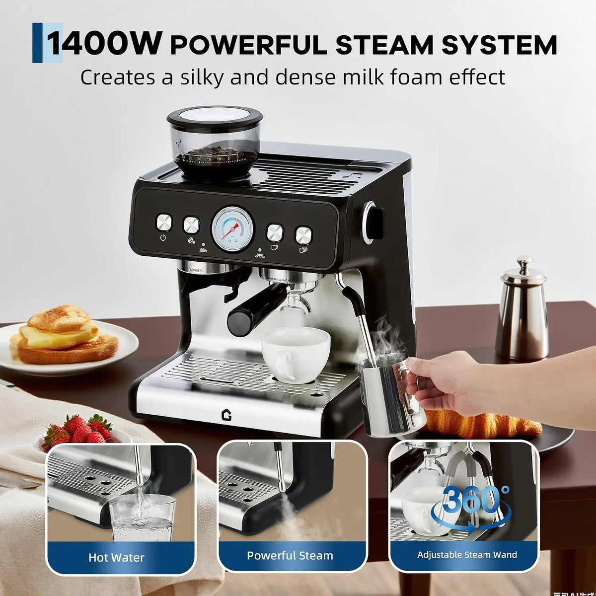 HiMiss Espresso Machine With Grinder 20 Bar Stainless Steel Pressure Maker Featuring Removable 2.8L Water Tank Adjustable Shot Volume Professional For Home Barista And Office