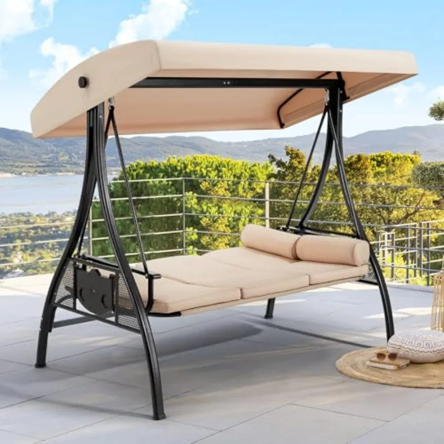 3 Person Outdoor Porch Swing with 1.5" Upgraded Cup Holder, Adjustable Canopy, Backrest, Patio Swing Bed with Weather Resistant Fabric