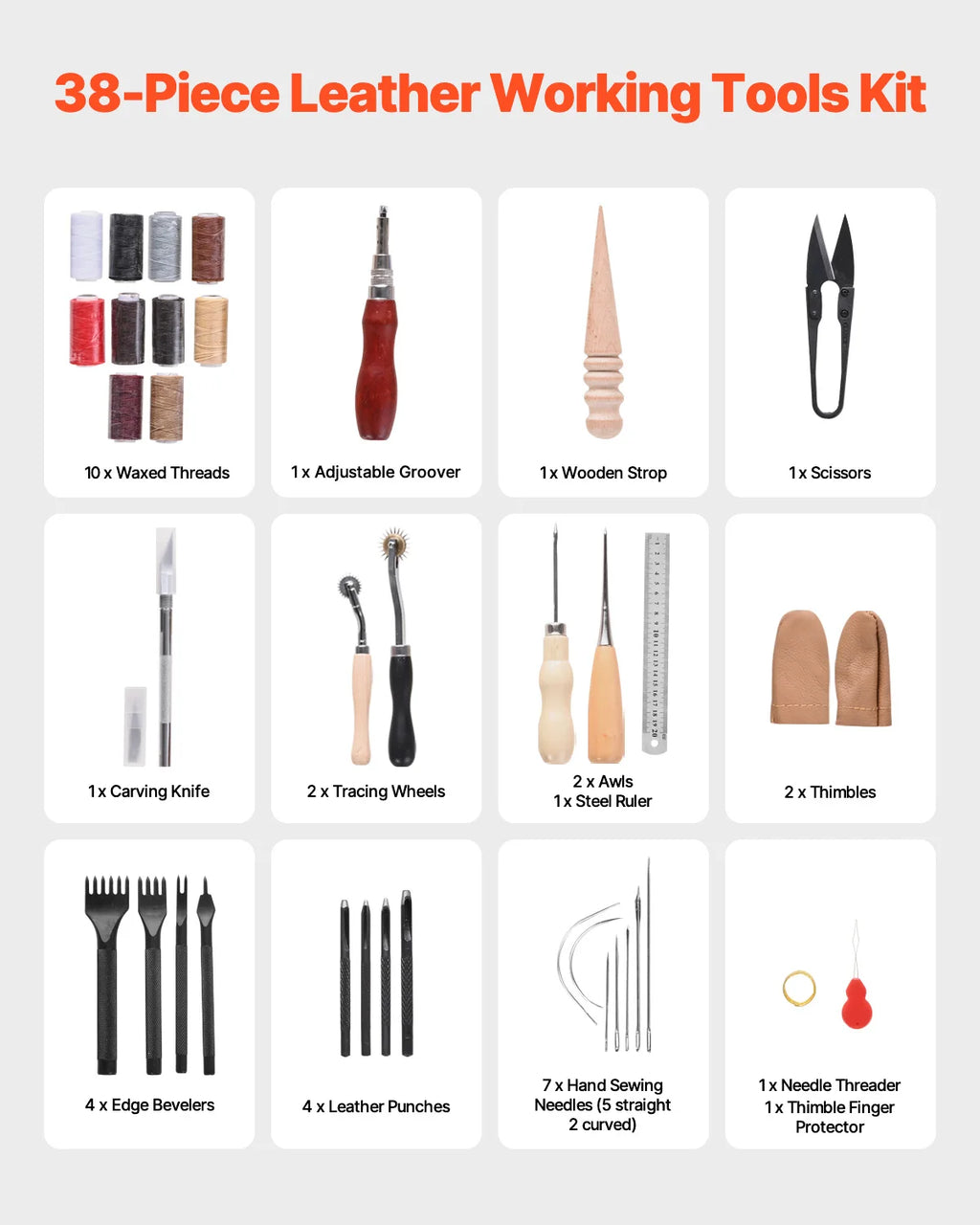 SucceBuy 59/61/72 PCs Leather Working Tools Kit, Leathercraft Tools w/Storage Bag, Engraving Punching Sewing Stamping Tools