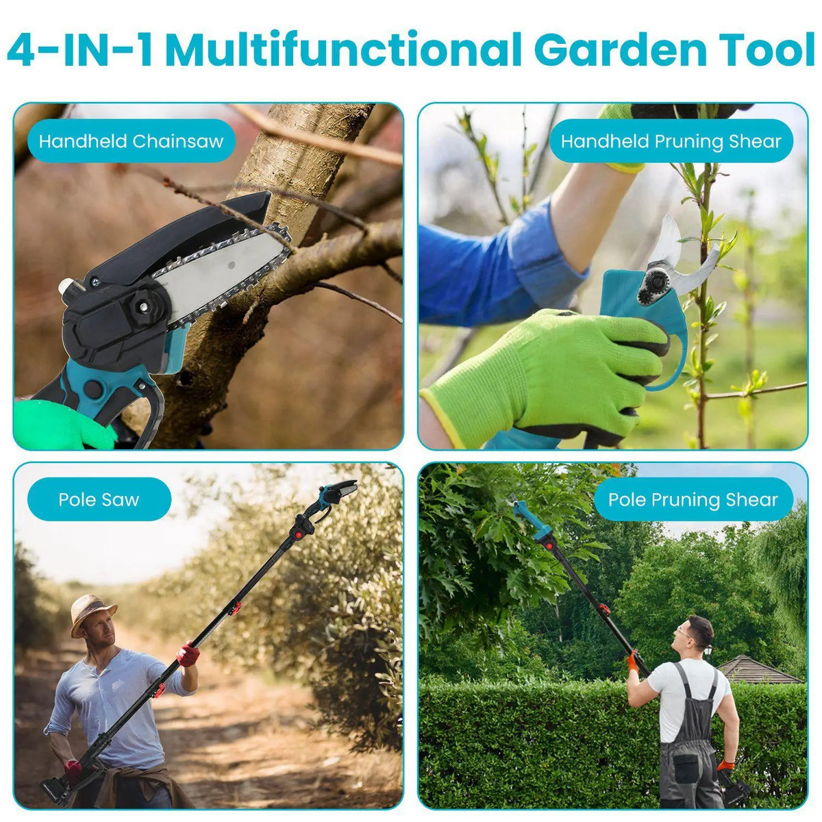 MounTEK 4-in-1 Pole Pruning Shears, Electric Pruning Shears & pole saws for tree trimming with 7 adjustable head angles,Cordless Pole Shears and Battery Pole Saw with 2Pcs 3000mAh rechargeable batteries