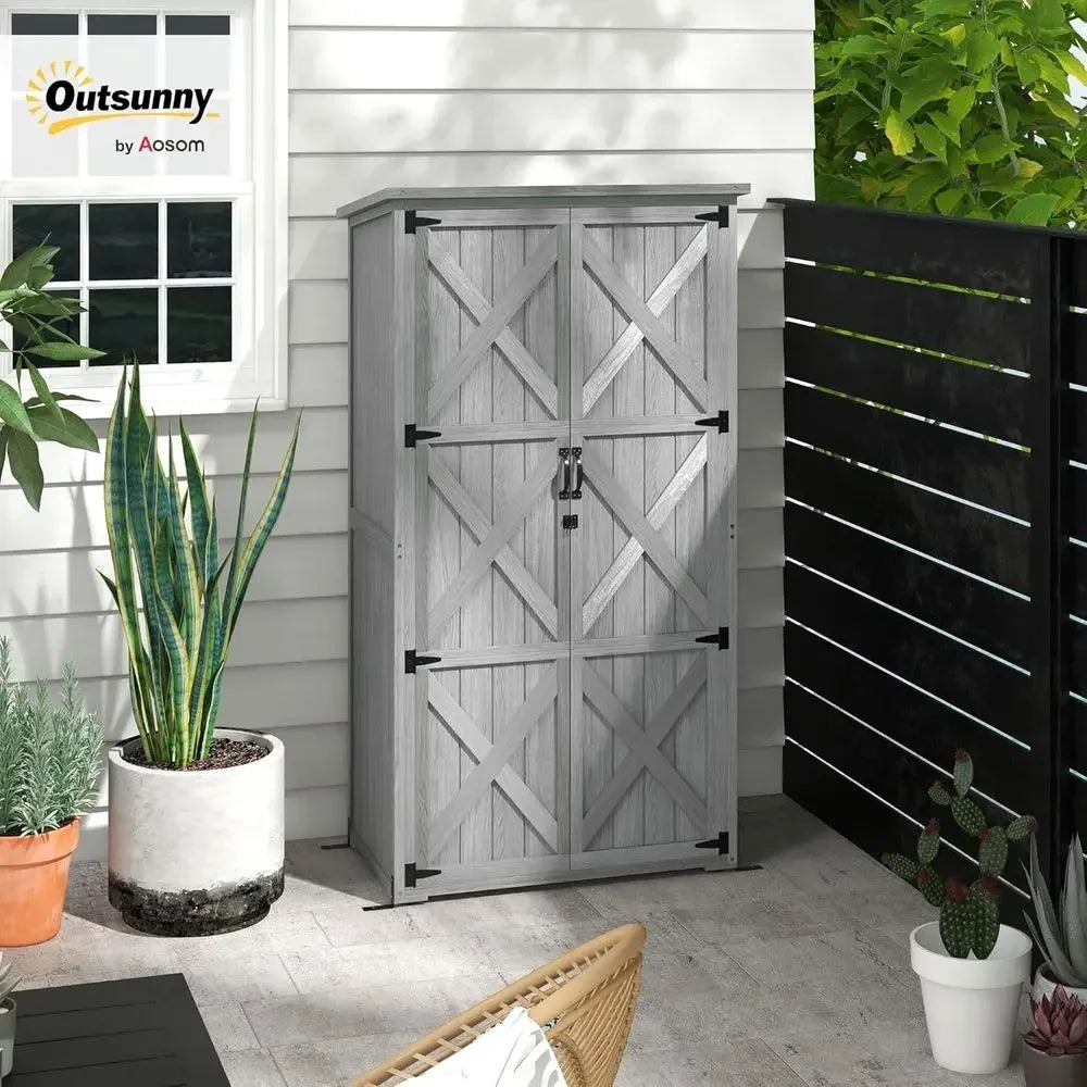 Weatherproof Gray Outdoor Storage Shed with Shelves and Lockable Door
