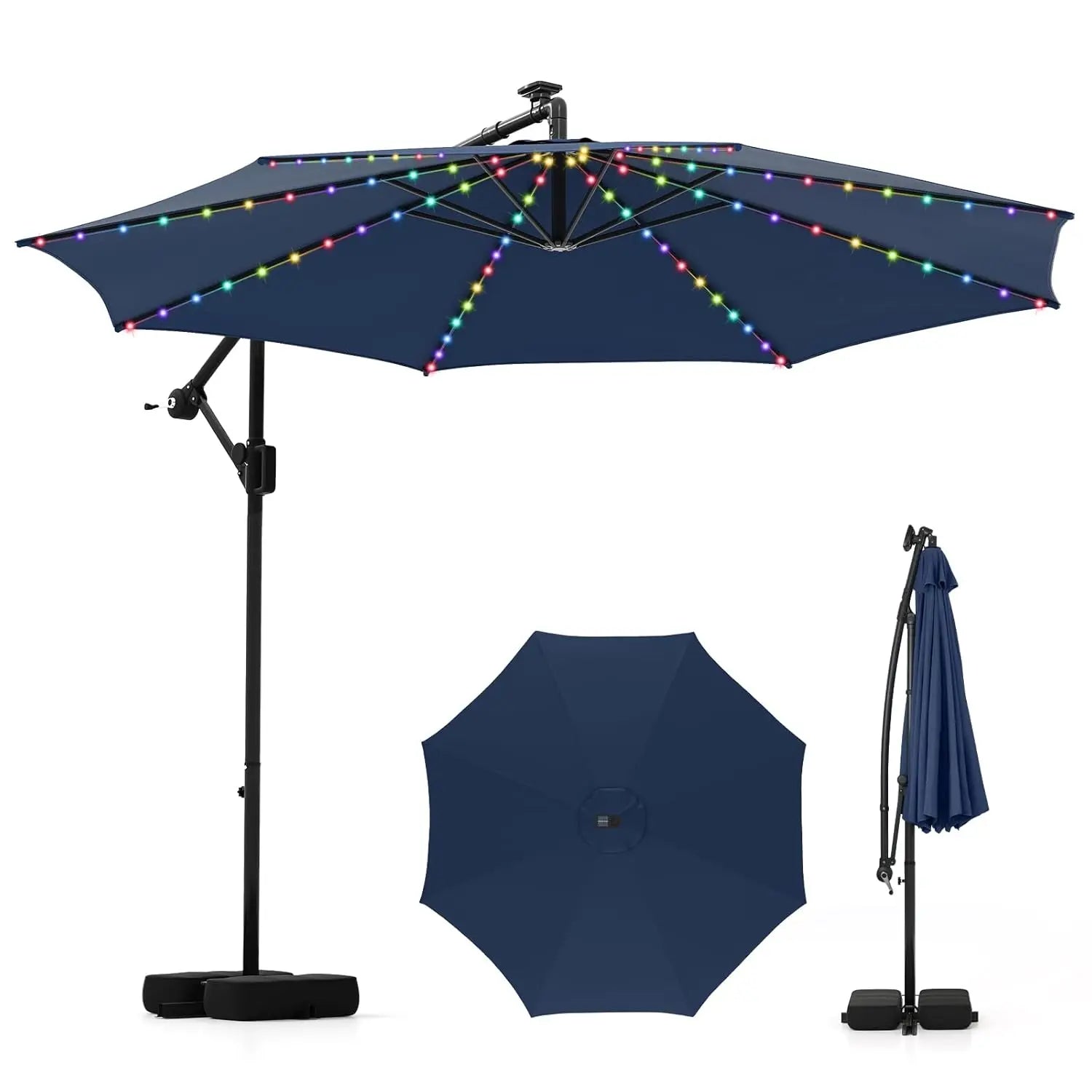 10 FT Solar Patio Umbrella with Base Included, Cantilever Offset Hanging Outdoor Umbrella with 96 Multi-Colored Solar Lights