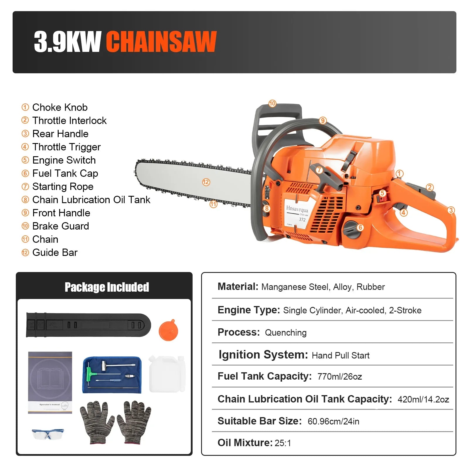 72CC 24" 2 Stroke Cordless Chain Saw, Gas Powered