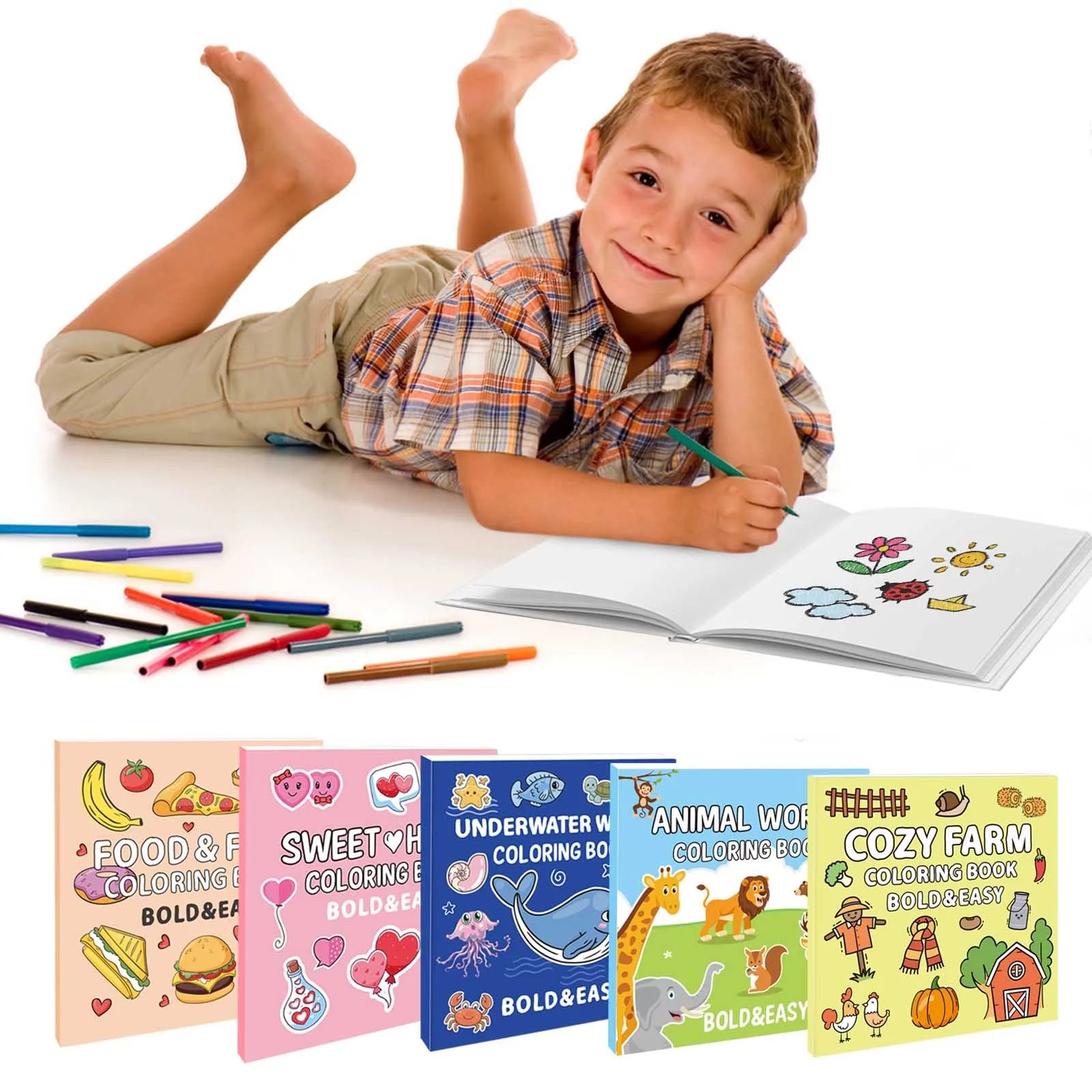 Children's Bold And Easy Coloring Book, Montessori Drawing Food Fruit. Color Markers or Painting, Educational Creative Graffiti Notebook