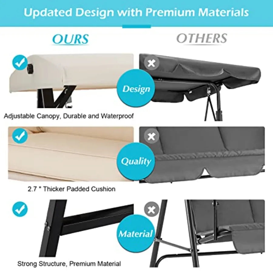 Outdoor Patio Swing Chair for Adults, 2-Seat Porch Swing with Adjustable Canopy, Outside Swing Bench with Removable Cushion,