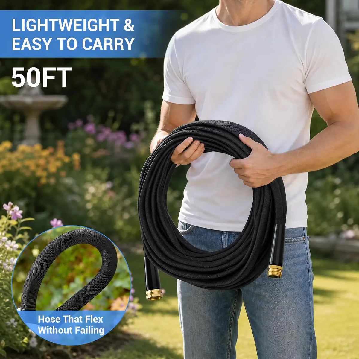 25/50/75/100Ft Non-Expandable Fabric Covered Garden Hose With 3/4 Inch Copper Plated Aluminum Fittings Burst Proof PVC Inner Core For Garden Watering Car Washing And Outdoor Use