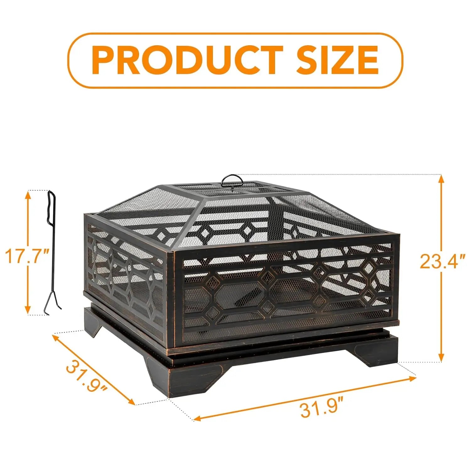 Outdoor Fire Pit, 32 Inch Wood Burning Firepit: Outside Firepit With Mesh Cover & Fire Poker, Large Square Metal Firepit, Customized