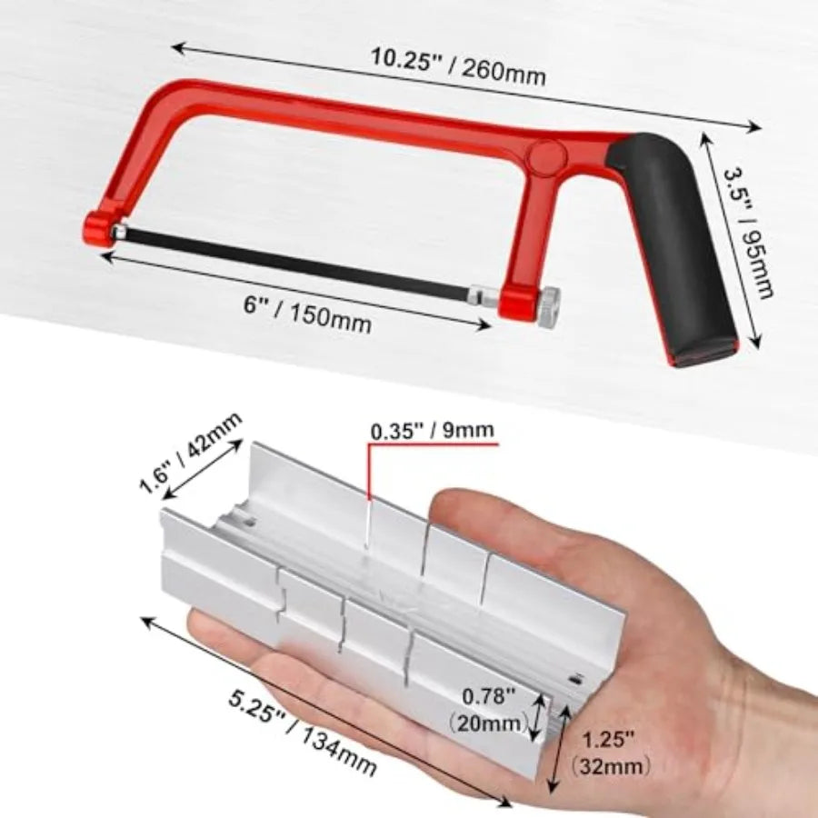 6" Metal Hand Saw with 6 Pcs Bi-Metal HSS Blade, 5.3" Aluminum Miter Box for 45° 90° 135° Precision Cuts, Small Hack saw