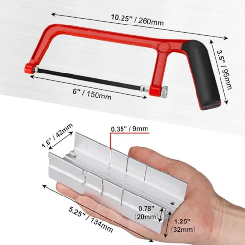 6" Metal Hand Saw with 6 Pcs Bi-Metal HSS Blade, 5.3" Aluminum Miter Box for 45° 90° 135° Precision Cuts, Small Hack saw
