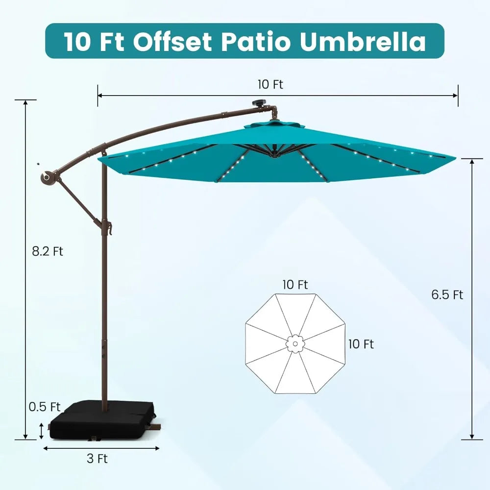 10FT Offset Patio Umbrella with Base Included, Outdoor Cantilever Umbrella with 32 Solar LED Lights, Tilt Adjustment, Crank Han