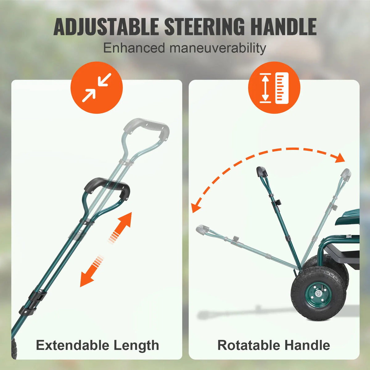 SucceBuy Garden Cart Rolling Work seat with Wheels Gardening Stool for Planting 360Degree Swivel Seat Wagon Scooter with Steering Wheel