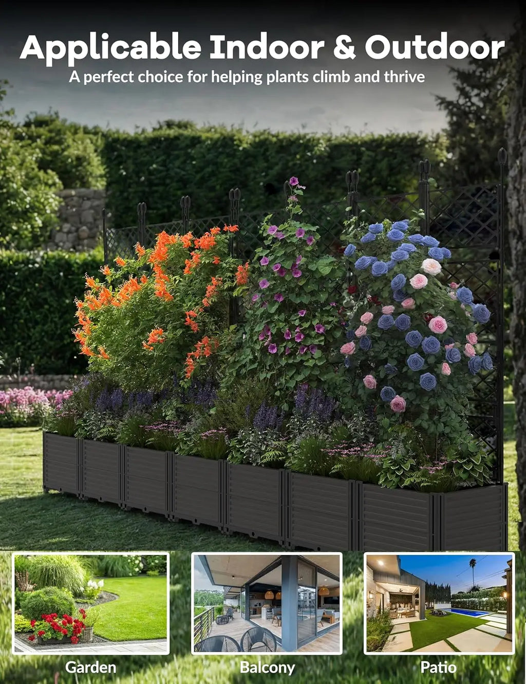 Plastic Planter Box w/ Trellis Rack, 5.25FT Tall Raised Garden Bed, Balcony/Patio Flower Vegetable Planting