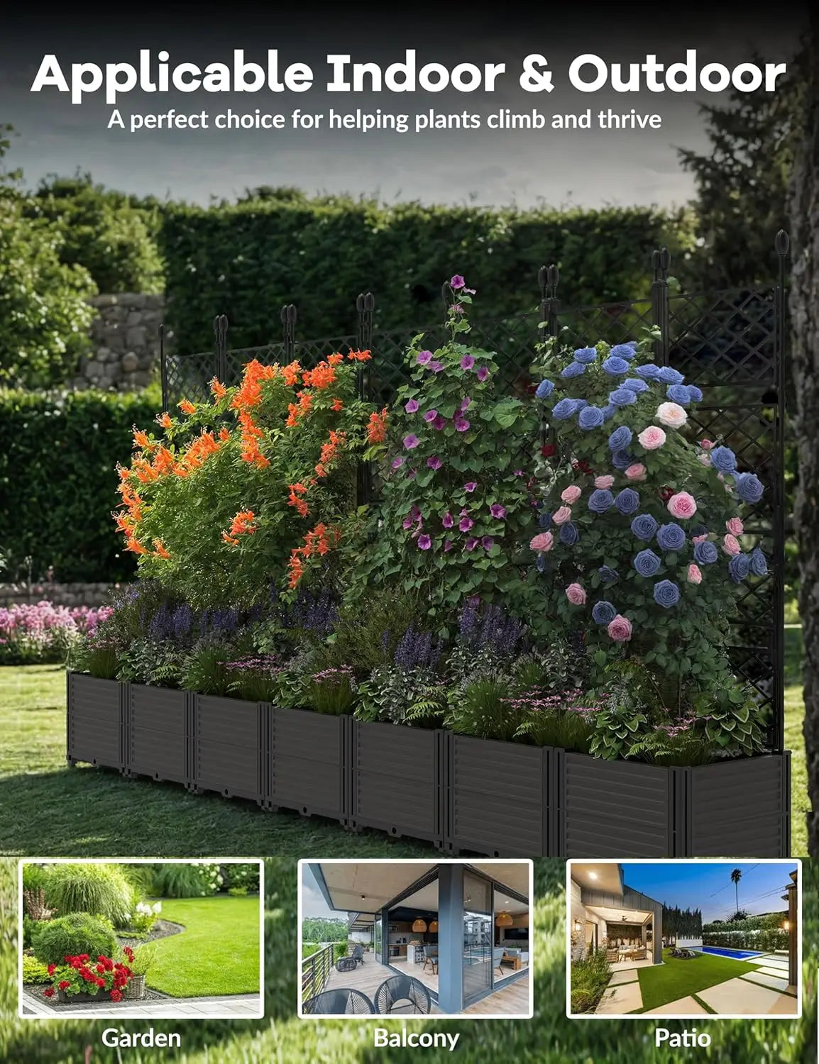 Plastic Planter Box w/ Trellis Rack, 5.25FT Tall Raised Garden Bed, Balcony/Patio Flower Vegetable Planting