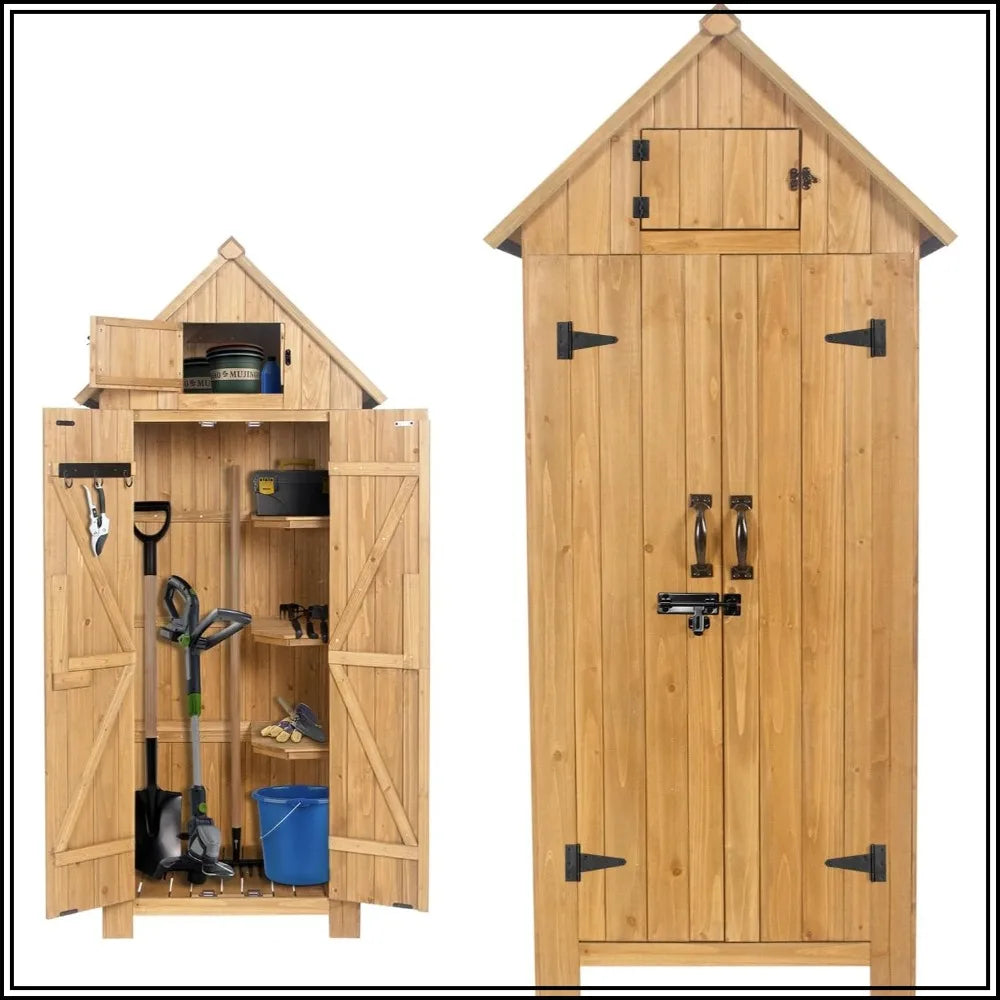 Wooden Outdoor Storage Shed, 70" Tall Double Doors Lockable Waterproof for Garden Backyard